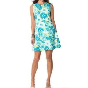 Sail to Sable Flower Basketweave Flit & Flare Mini Dress Linen Blend Blue Sz 6